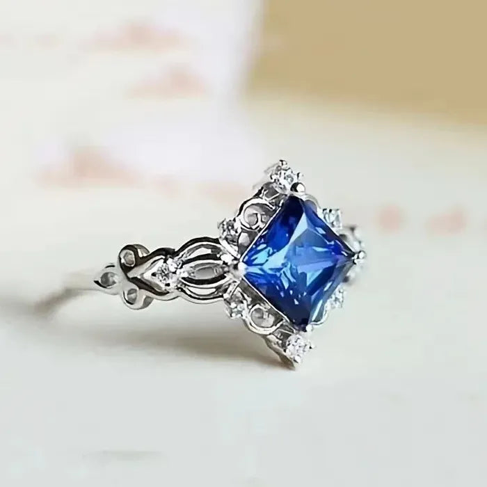Blue Square Silver Color Wedding Rings for Women Luxury Engagement Jewelry
