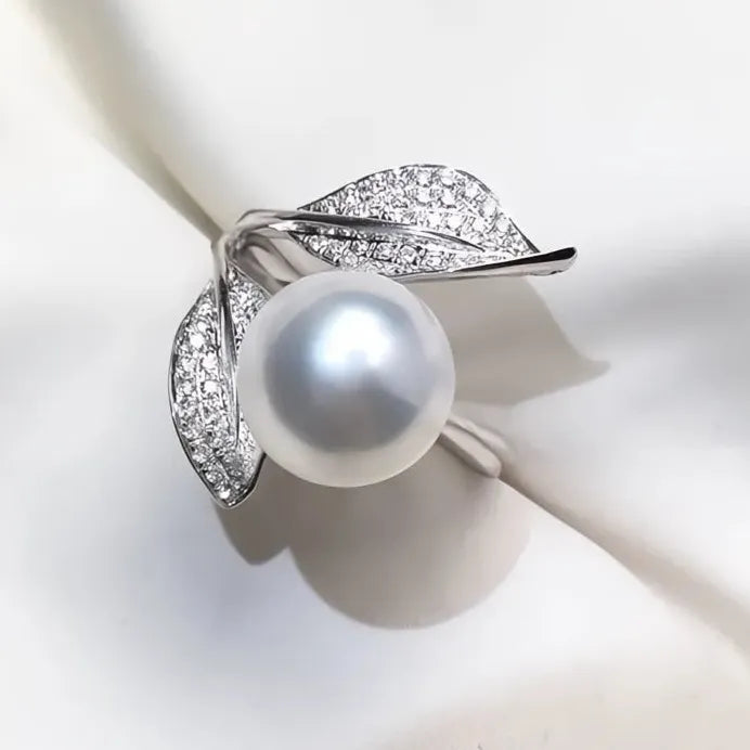 Leaf Design Simulated Pearl Wedding Band Ring for Women Bridal Jewelry