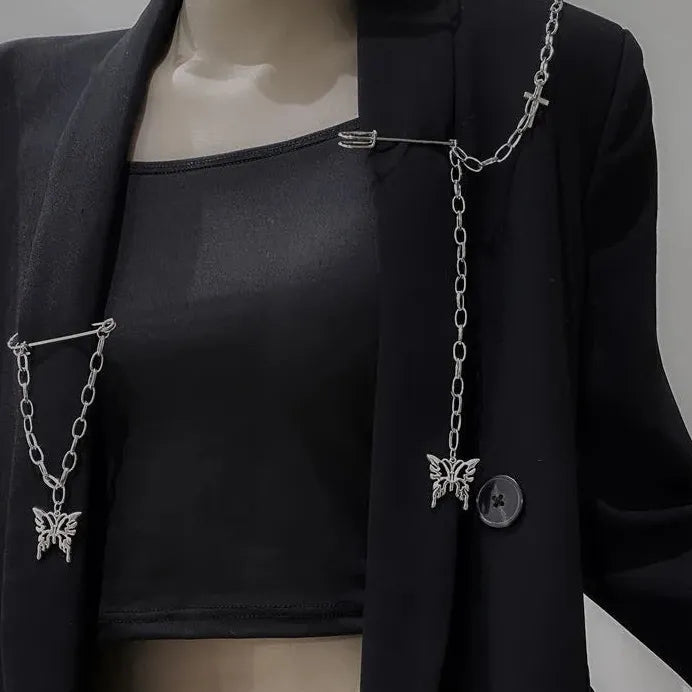 Vintage Butterfly Cross Chain Brooch Pin Zinc Alloy Metal Punk Jewelry Gift