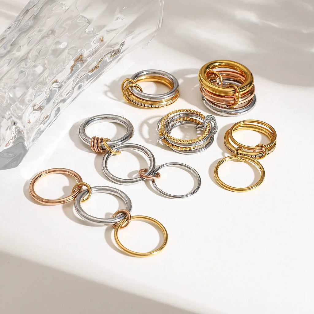 Stackable Two-Color Multilayer Four-Ring Stainless Steel CZ Zircon Jewelry Set Hypoallergenic