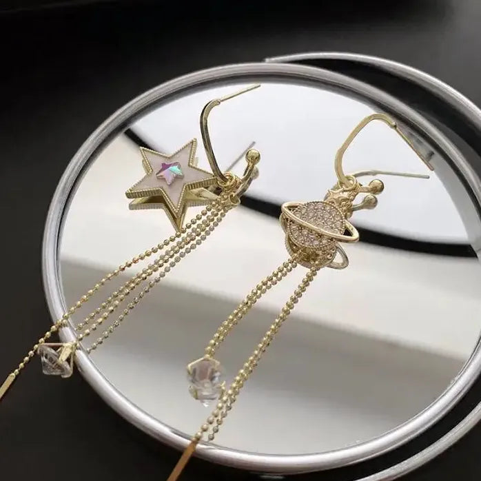 Pentagram Asymmetric Long Tassel Earrings Rhinestone Star Jewelry for Women