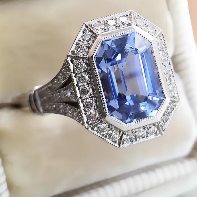 Geometric Blue Cubic Zirconia Brass Engagement Wedding Ring for Women