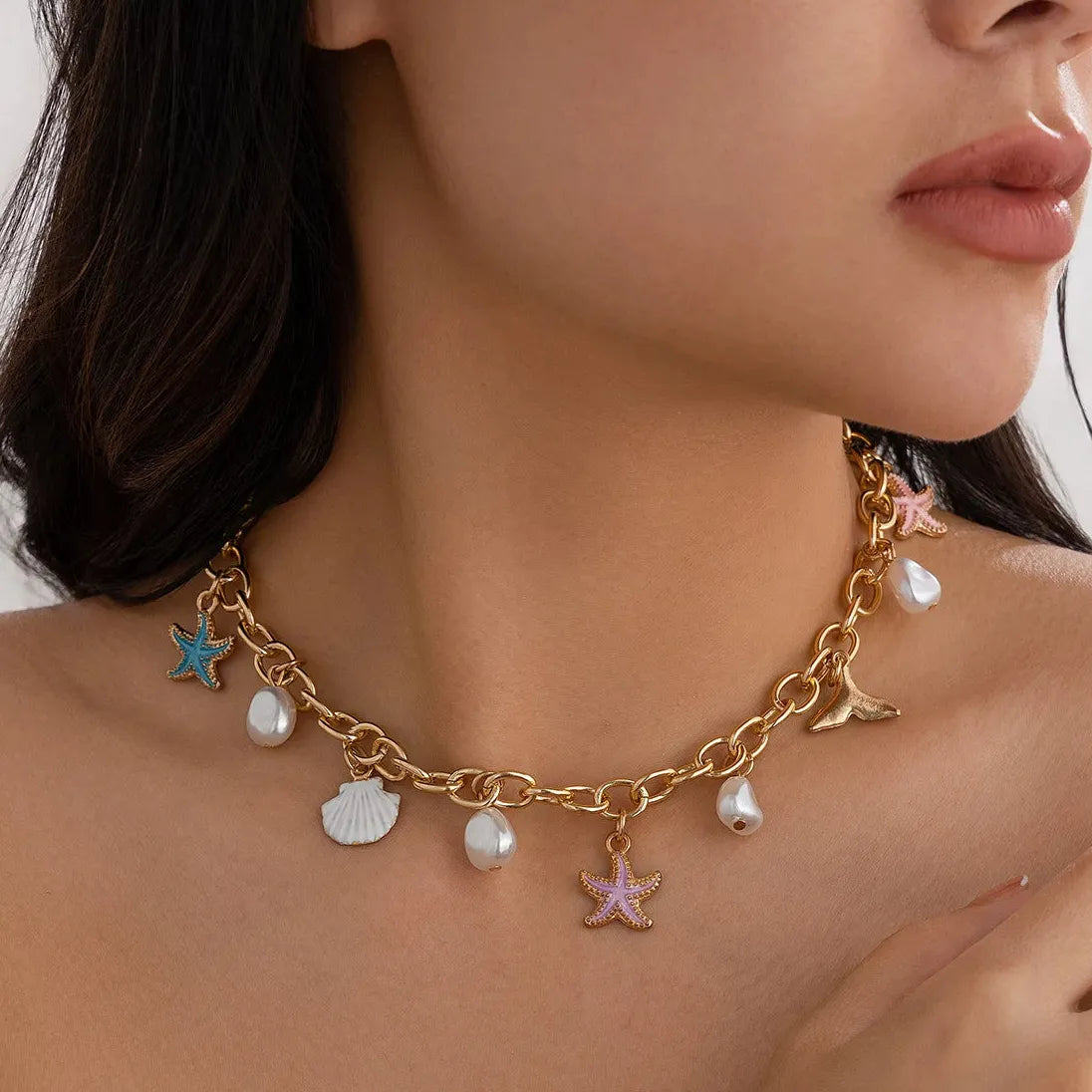 Kpop Boho Starfish Scallops Tassel Pearl Choker Necklace for Women