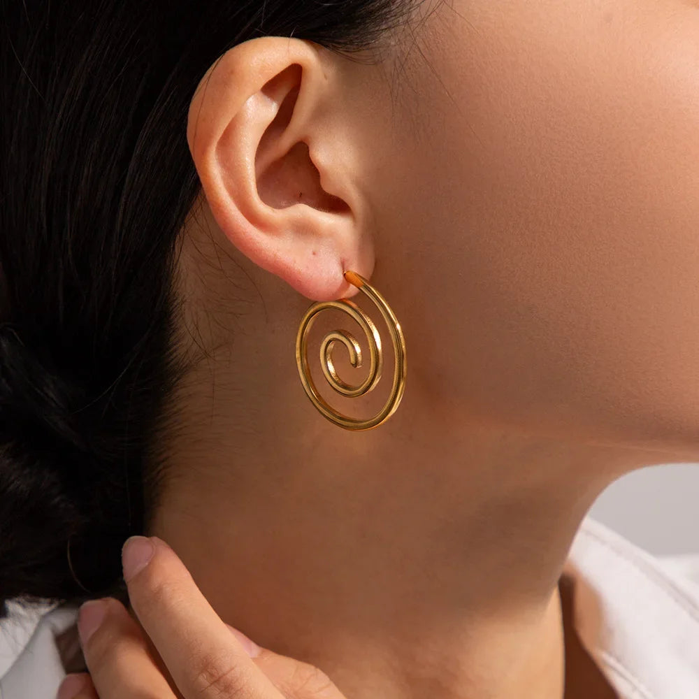 Waterproof 18K Gold Plated Metal Vortex Swirl Earrings Geometric Spiral Rings