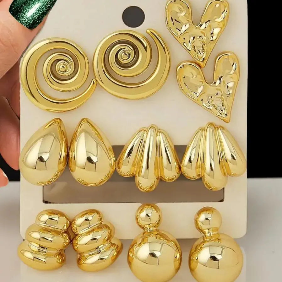 6 Pairs Vintage Gold Heart-Shaped Spiral Water Droplet Earrings for Women