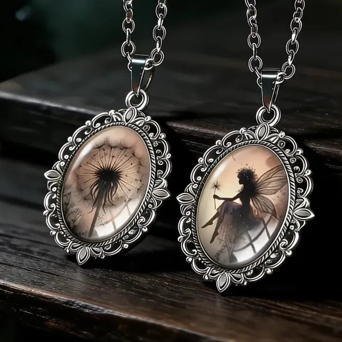 Vintage Oval Fairy Dandelion Glass Pendant Necklace Zinc Alloy Gift