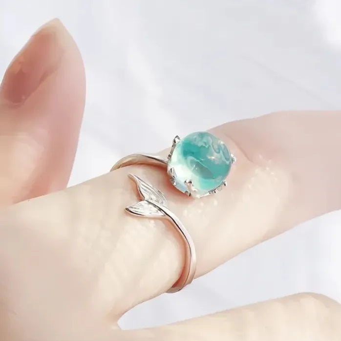 Adjustable Silver Plated Blue Mermaid Fish Tail Bubble Ring for Women Girls