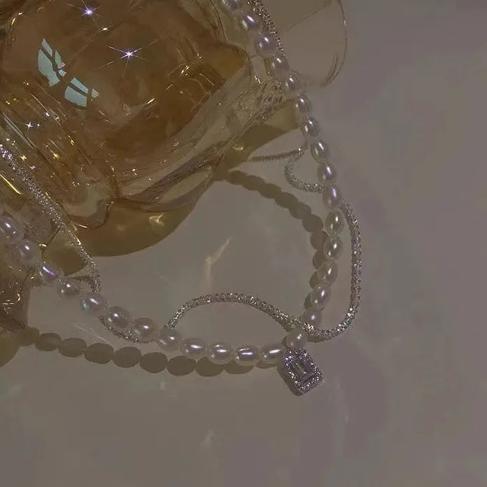 Luxury Double Layer Pearl Necklace with Crystal Pendant Choker Gift