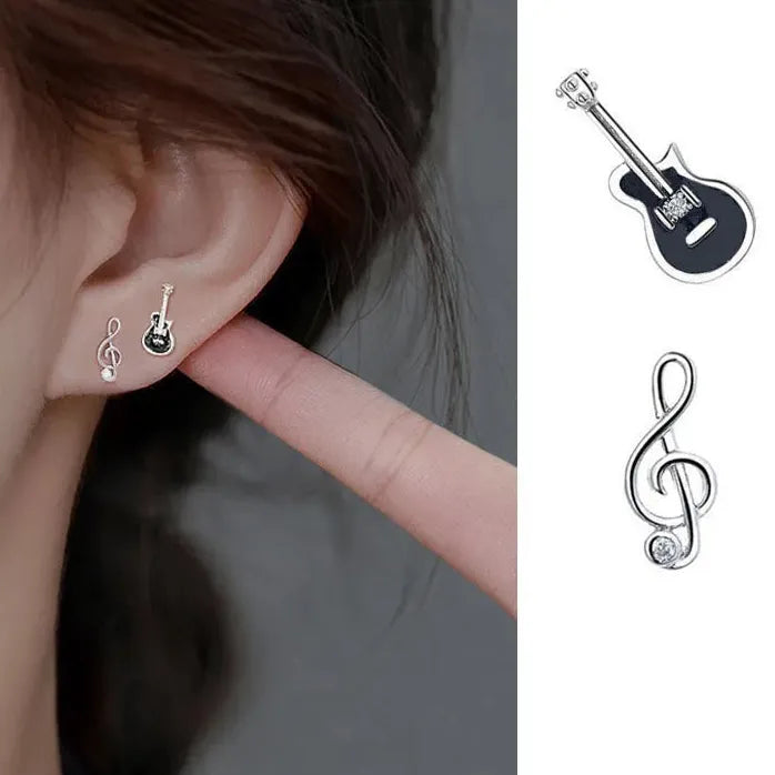 Simple Asymmetric Guitar Note Stud Earrings for Women Girls Gift Jewelry