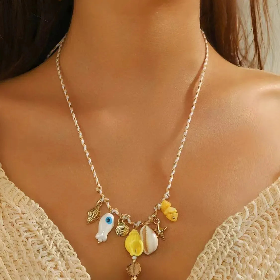 Handmade Rope Ceramic Fish Conch Pendant Necklace Women Starfish Shell Choker Jewelry