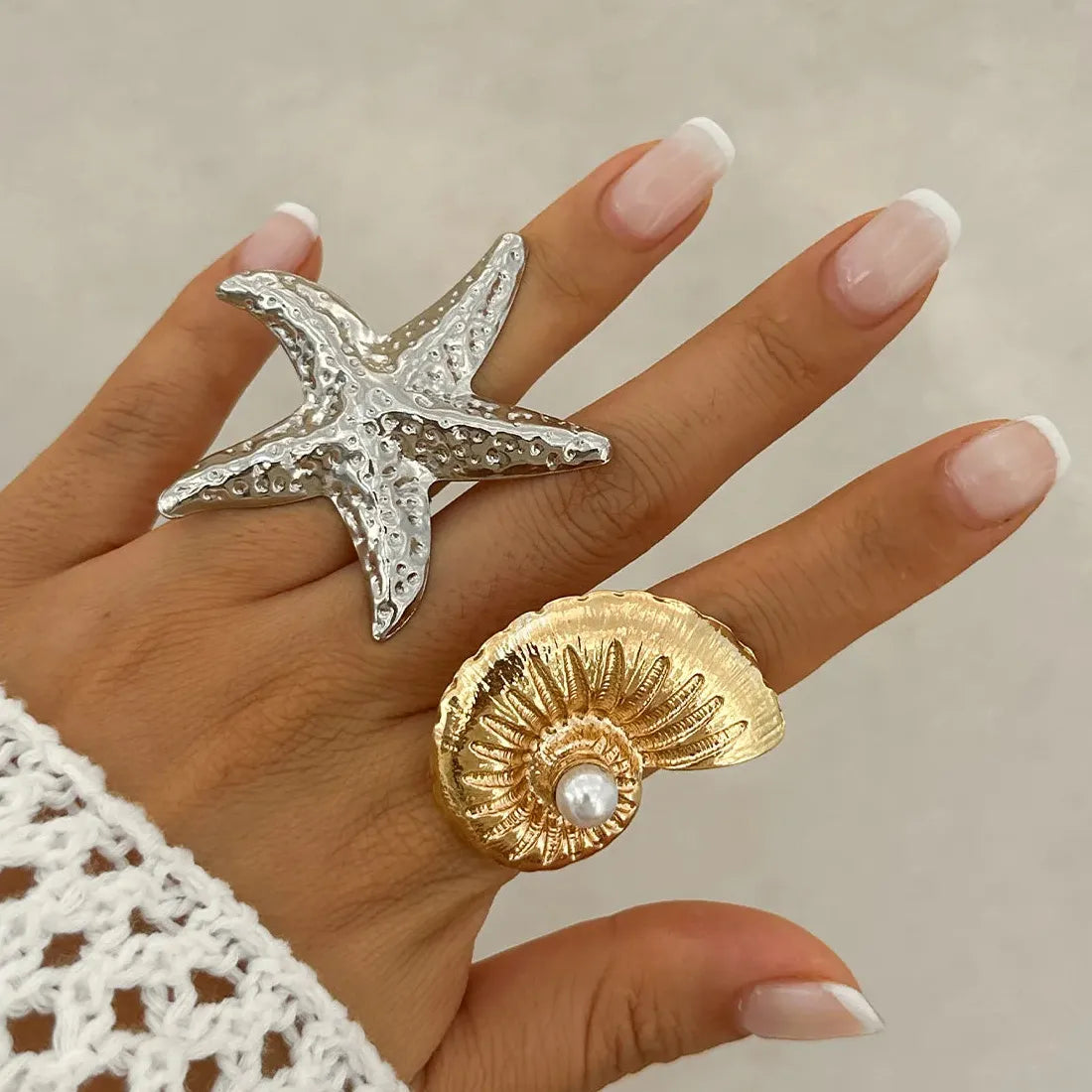 Gold Starfish Conch Pearl Ring for Women Summer Gift Beach Jewelry