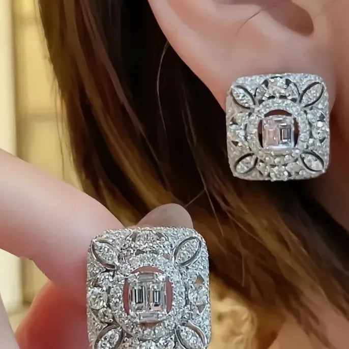 Geometric Cubic Zirconia Brass Stud Earrings for Women Wedding Party Gift