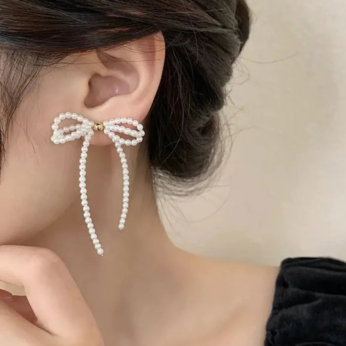 2026 Korea Fashion Pearl Butterfly Bow Drop Earrings for Women Wedding Jewelry