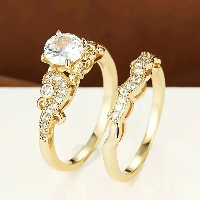 2 Pieces Copper Rings with Gold Inlaid Cubic Zirconia for Women Engagement Party Jewelry