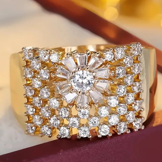 Wide Band Cubic Zirconia Cocktail Ring for Women Gold Silver Jewelry Party