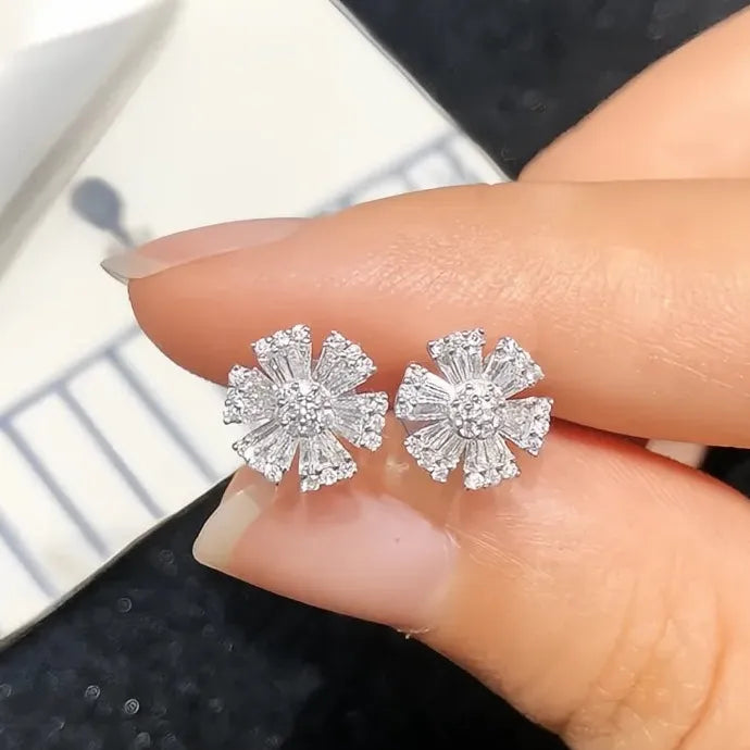 Flower Shaped AAA Cubic Zirconia Silver Color Copper Alloy Stud Earrings