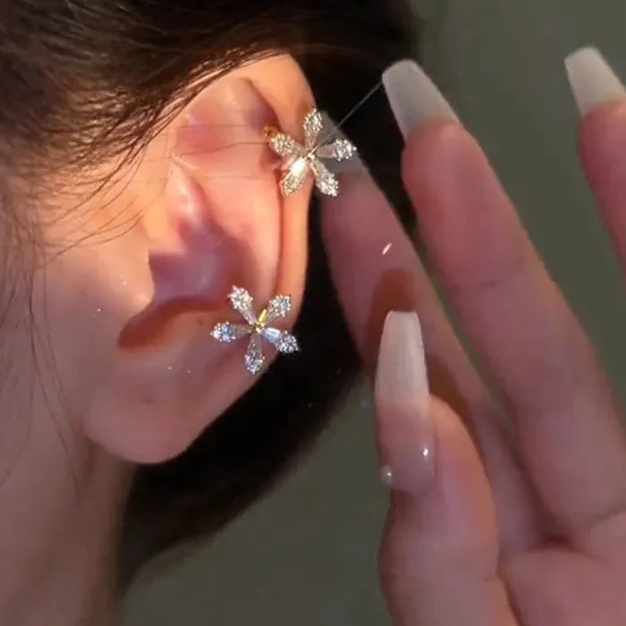 Korean Crystal Flower Butterfly Stainless Steel Clip-On Ear Cuffs for Women