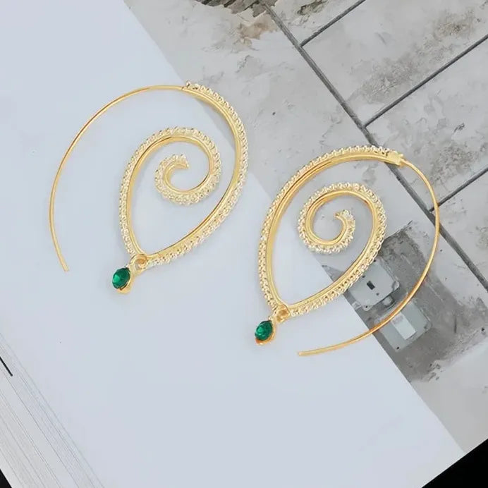 Big Spiral Drop Earrings with Green CZ Charm for Women Hip Hop Girls