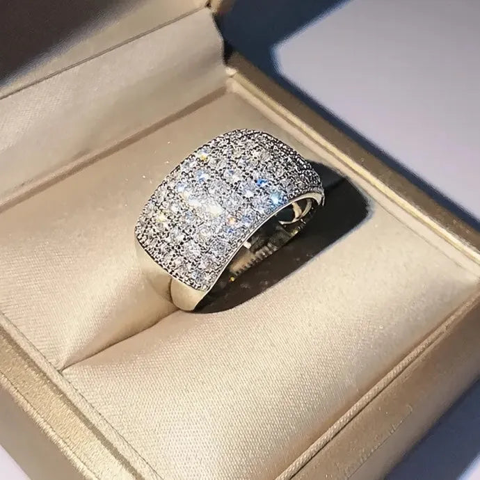 Luxury CZ Paved Women's Wide Geometric Brass Ring Wedding Party Jewelry