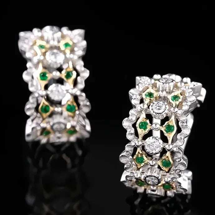 Two Tone Copper Alloy Hoop Earrings with Green Cubic Zirconia for Wedding Party