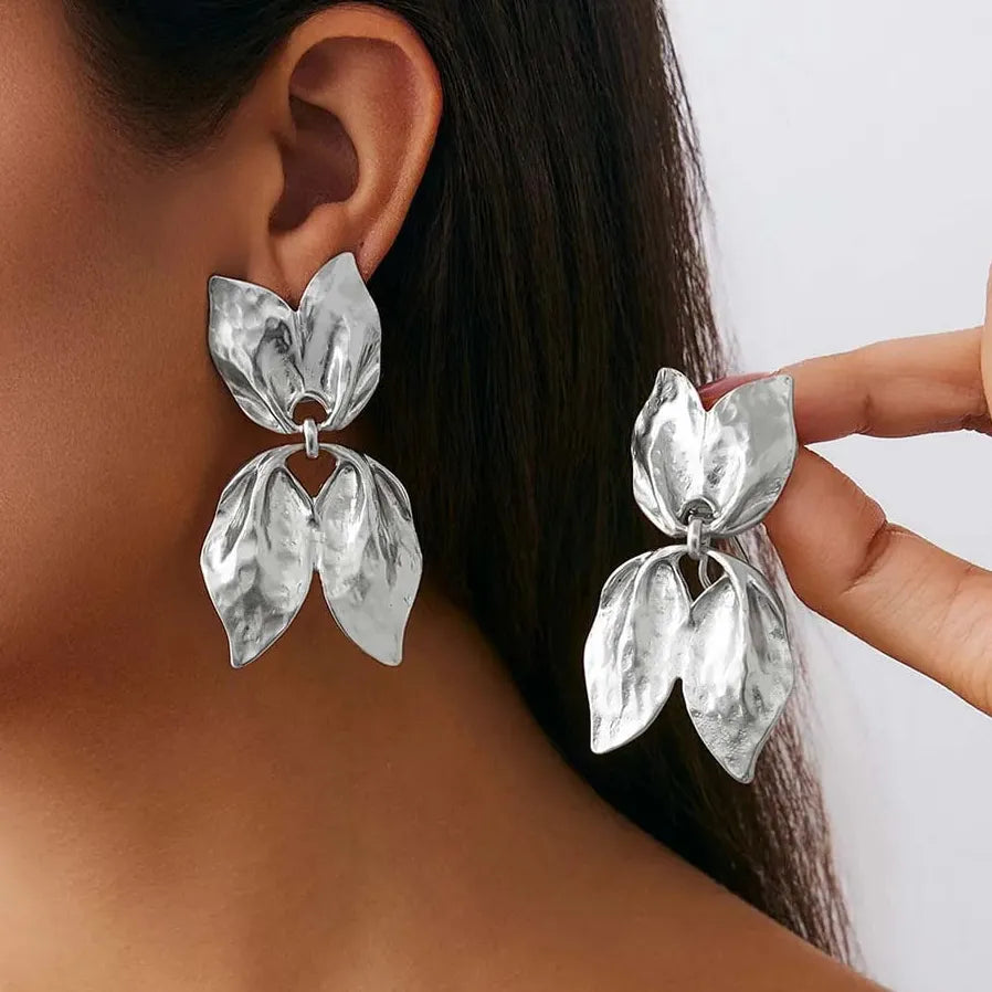 Vintage Ginkgo Leaf Stud Earrings for Women Double-Layer Charm Jewelry