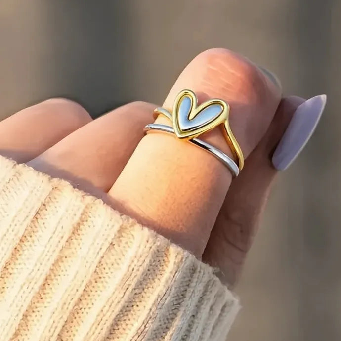 Romantic Two-tone Hollow Heart Brass Ring for Women Wedding Jewelry