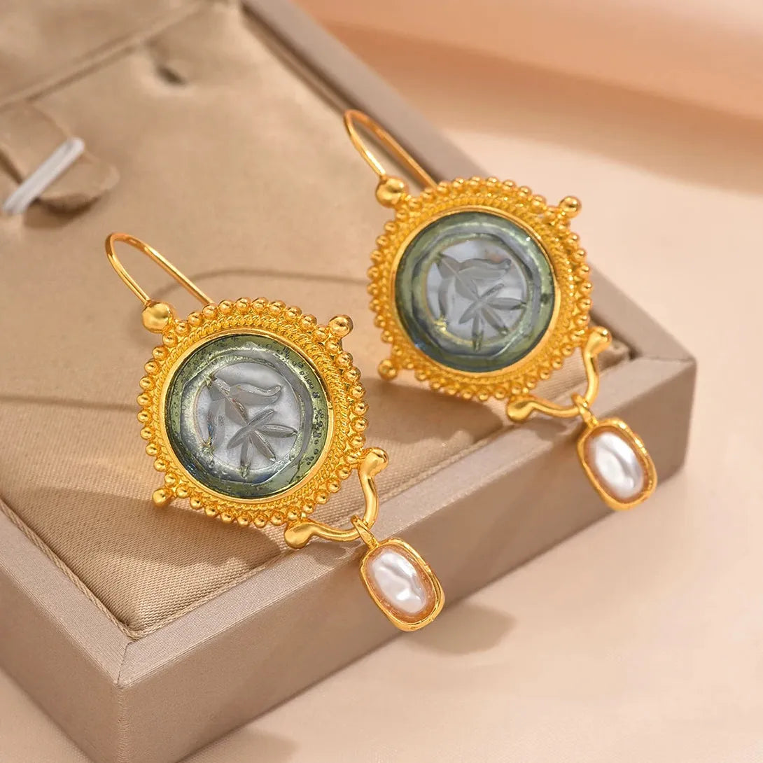 Blue Geometric Inlay Imitation Pearl Drop Earrings for Women Party Jewelry