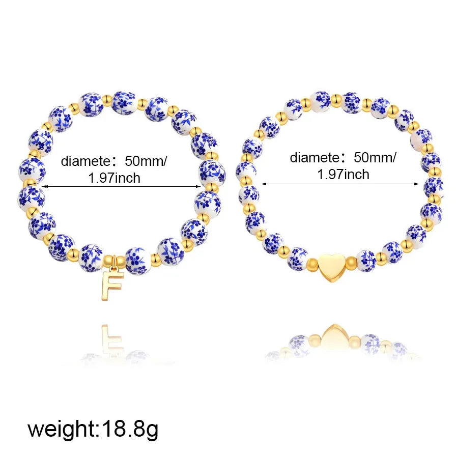 2 Pcs Handmade Blue White Porcelain Letter B Elastic Beaded Bracelet Jewelry Gift