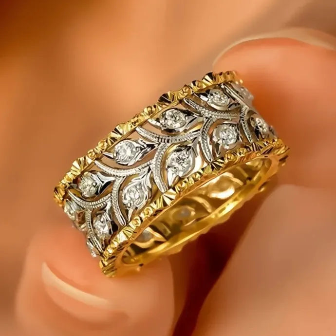 Two-tone Hollow-out Leaf Pattern Brass Ring with Cubic Zirconia for Women Wedding Jewelry