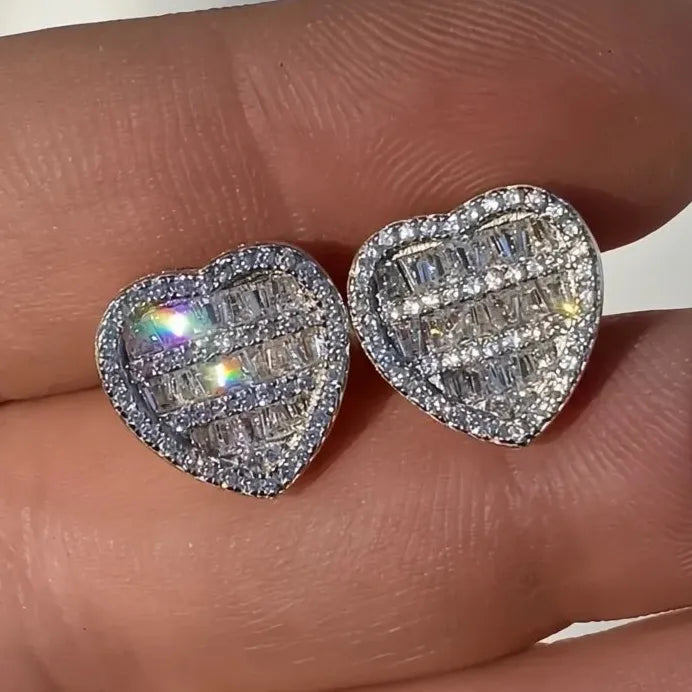 Heart Shaped Women Stud Earrings Silver Tone Cubic Zirconia Gift