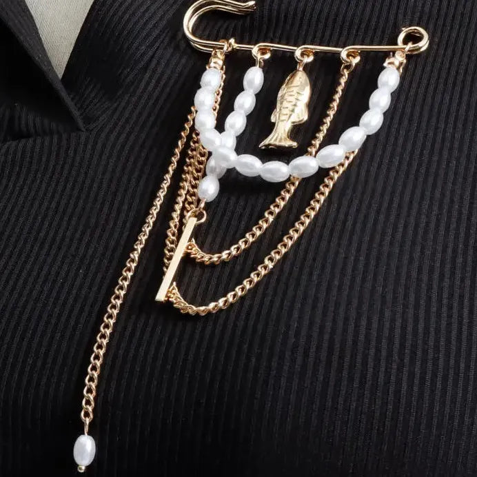 Heart-Shaped Multi-Layer Beaded Tassel Brooch with Imitation Pearls