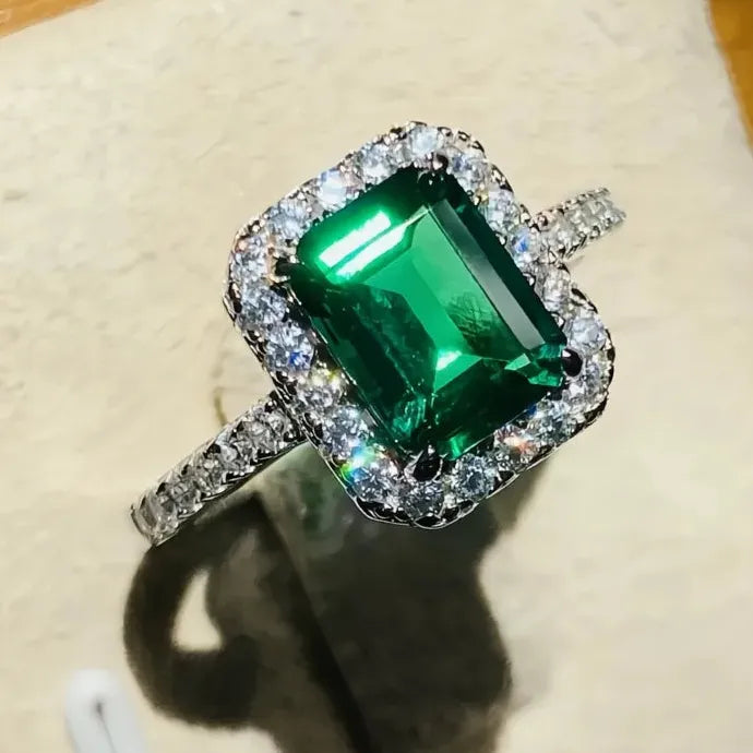 Luxury Green Cubic Zirconia Geometric Wedding Ring for Women Brass Bling
