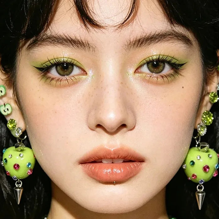 Green Apple Copper Earrings Heart and Slice Stud Set Unisex Jewelry
