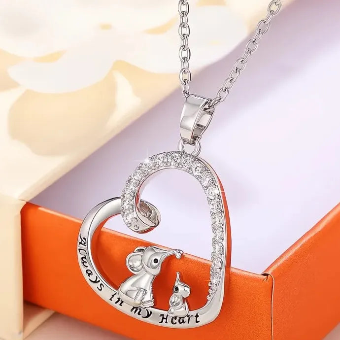Heart-Shaped Elephant Love Pendant Necklace with CZ Copper Alloy Gift