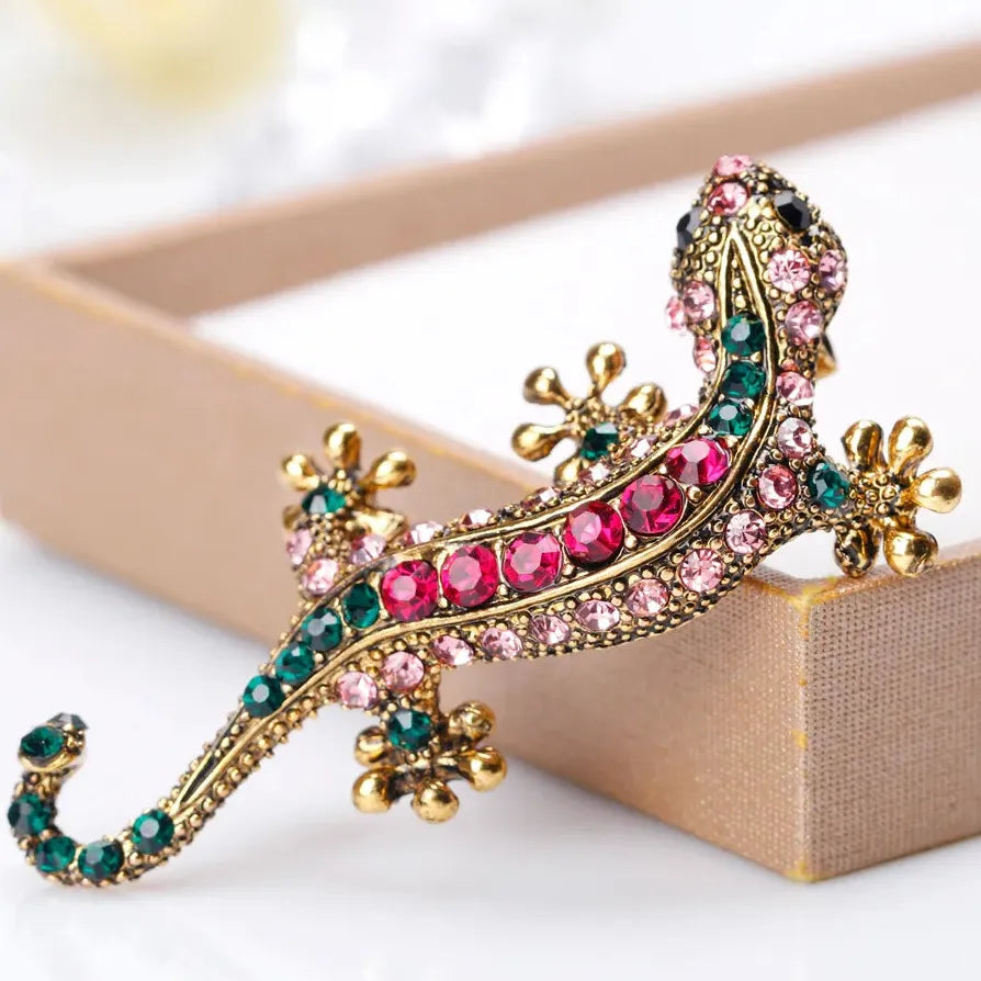 Vintage Multicolor Rhinestone Gecko Brooch Pin for Men and Women Gift