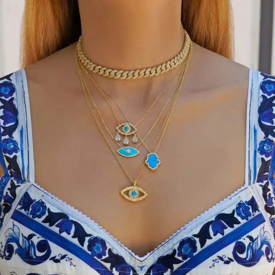 Neo-Gothic Turquoise White Opal Evil Eye Pendant Necklace Stainless Steel Jewelry
