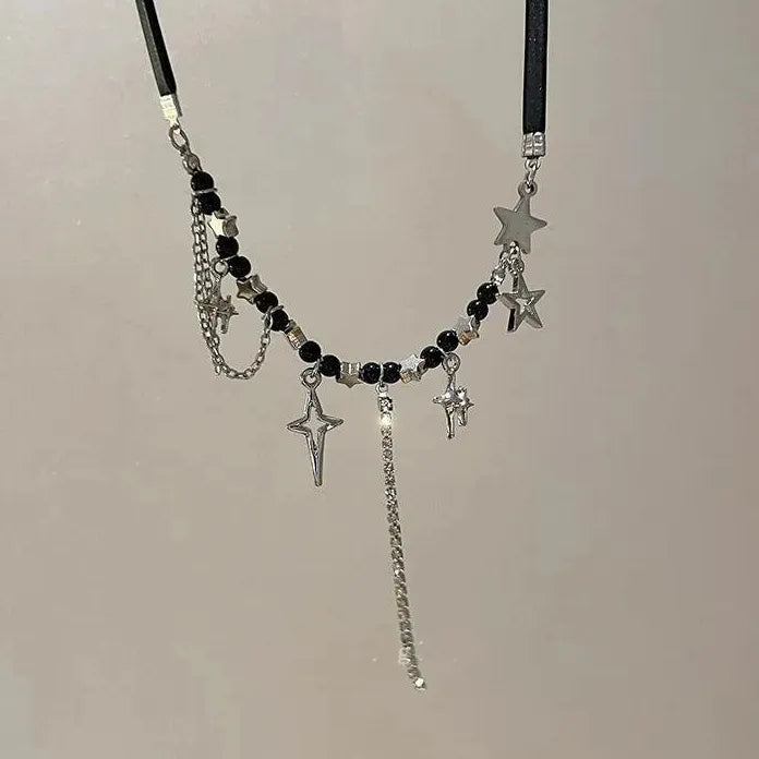 2026 Star Rhinestone Tassel Leather Choker Necklace Black Beads Y2K