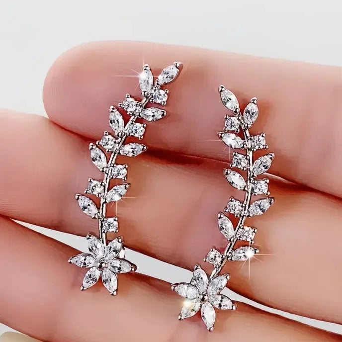 Aesthetic Flower Cubic Zirconia Geometric Stud Climb Earrings for Women Copper Alloy Jewelry