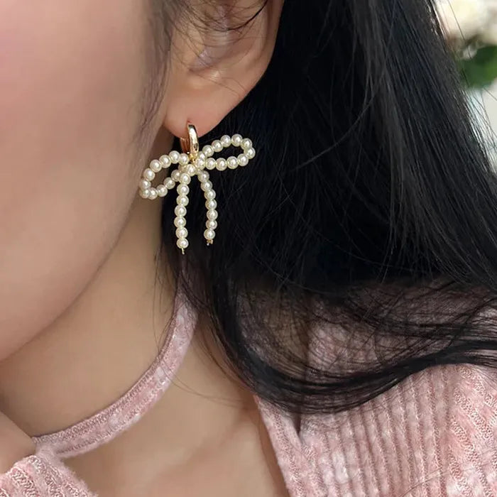 Handmade Korean Pearl Bow Tassel Hoop Earrings Zinc Alloy Dangle Y2K