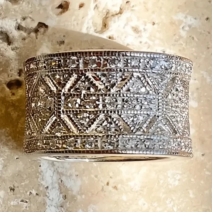 Women’s Silver Wide Metal Geometric Wedding Band with Cubic Zirconia