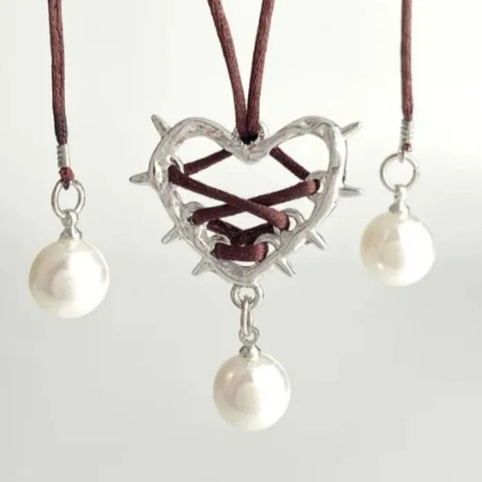 Pink Black Bow Tie Heart Pearl Pendant Necklace for Women Jewelry