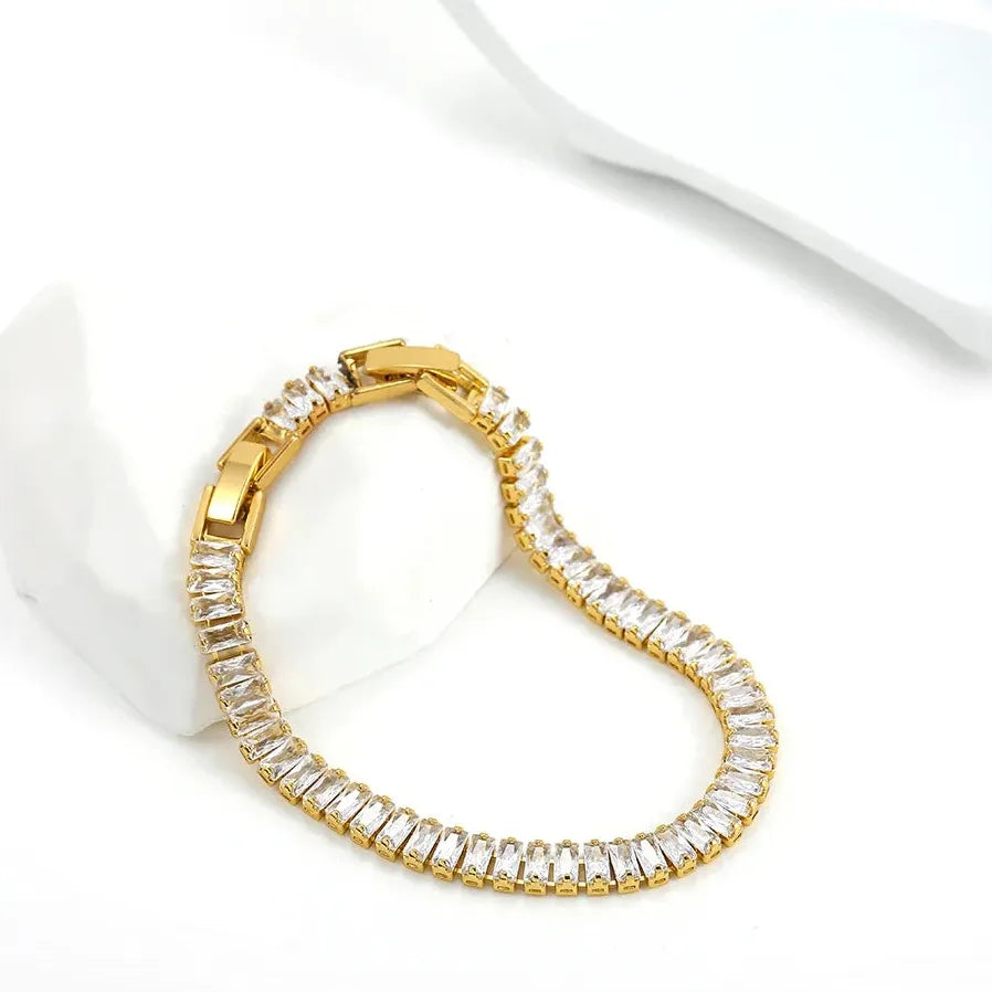 18K Gold Plated Sparkling Square CZ Bracelet Women Stainless Steel Bangle