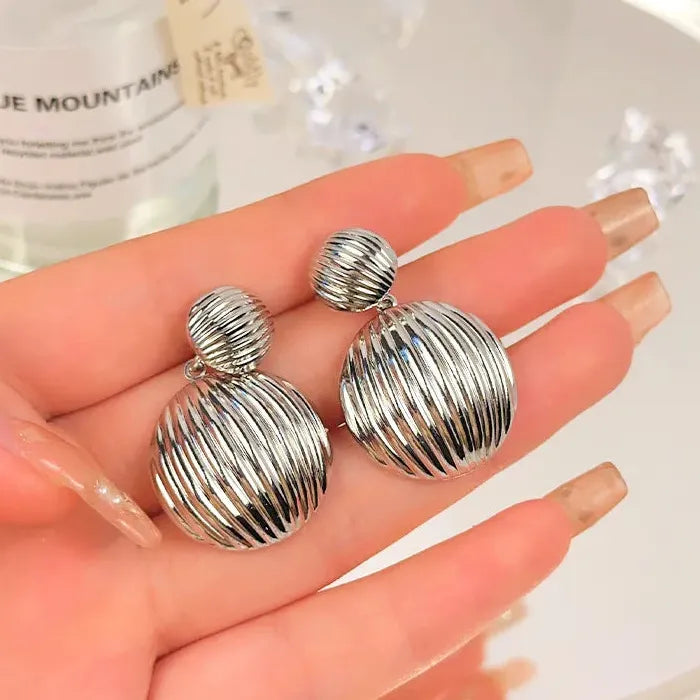 Striped Heart Drop Earrings for Women Gold Zinc Alloy Retro Ball