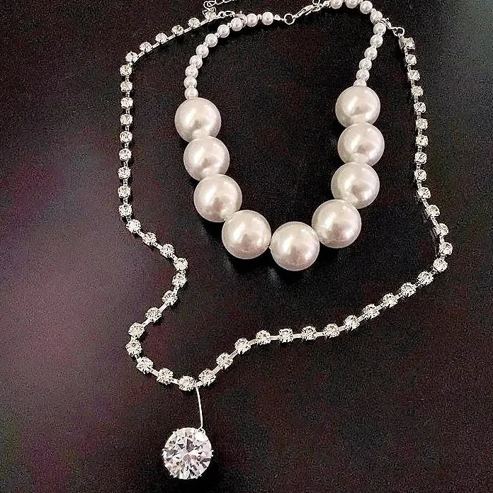 Double-Layer Punk Imitation Pearl Necklace Featuring Zircon Geometric Pendant for Men Women