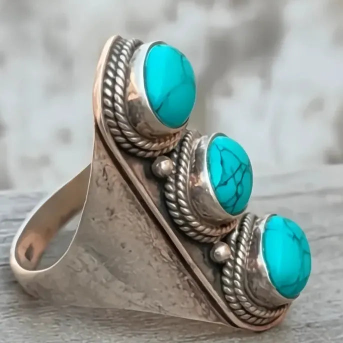 Bohemian Copper Turquoise Oval Ring Women’s Wedding Band Jewelry