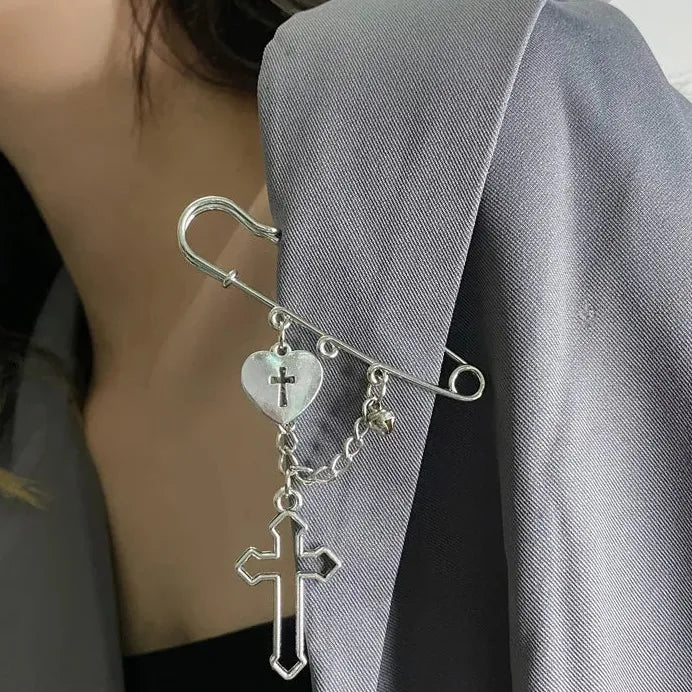Y2K Punk Gothic Silver Zinc Alloy Cross Tassel Brooch for Men Women