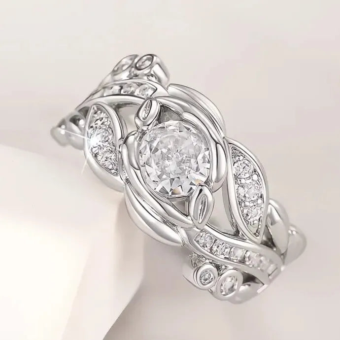 Chic Leaf Brass Ring with Dazzling Cubic Zirconia Charms Jewelry for Women