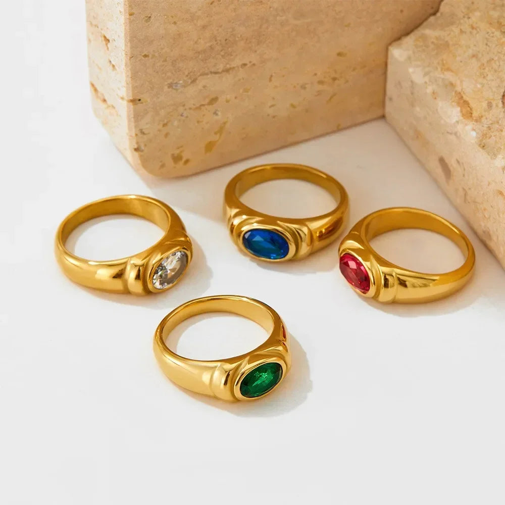 Retro Multicolor Zircon Oval Crystal Stainless Steel Gothic Chunky Knuckle Ring for Women