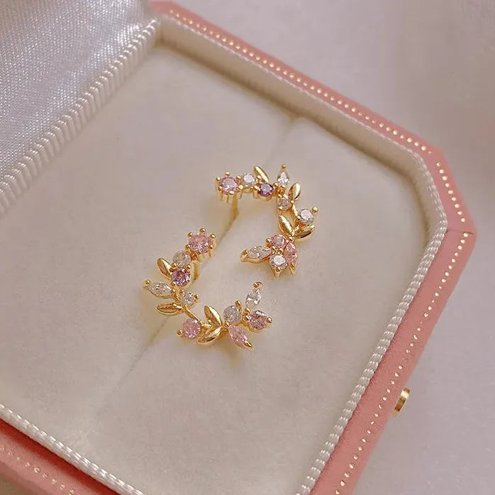Colored Inlaid Rhinestone Moon Leaf Stud Earrings for Women Copper Alloy Jewelry