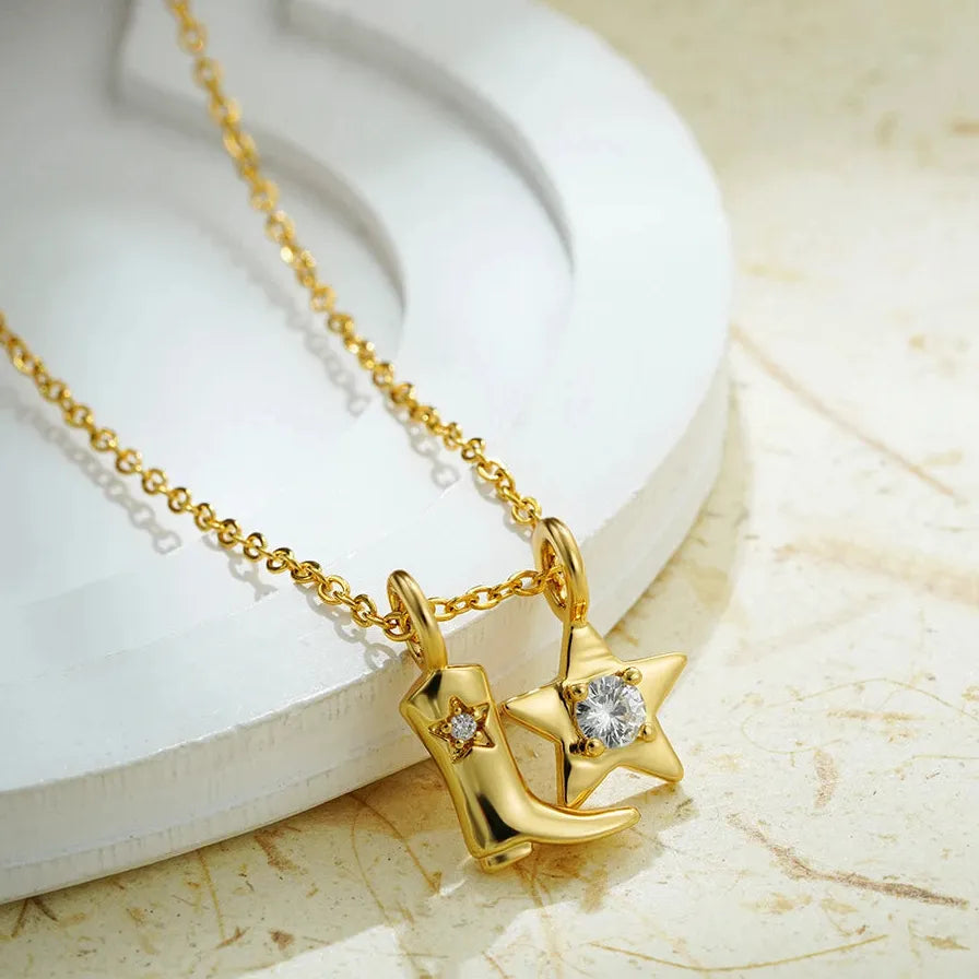 Vintage Cowgirl Zircon Star Pendant Necklace 18K Gold Plated Stainless Steel Choker Jewelry